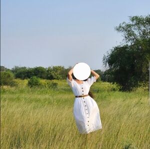White Button-Down Dress with Brown Belt